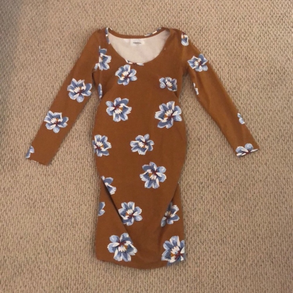 MATERNITY brownish-tan long sleeve flower dress